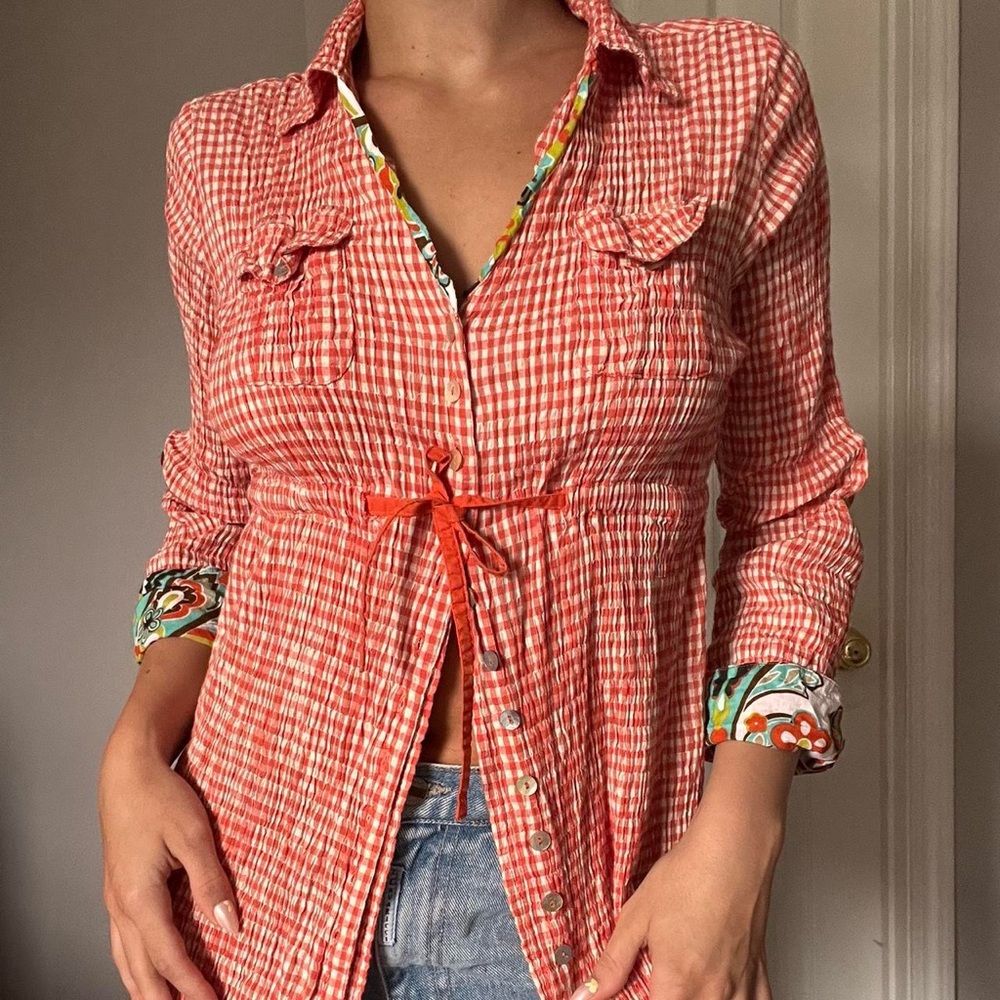 Plaid Crinkle Cotton Tunic Top Floral Trim Euro Summer Resort Wear Spartina 449